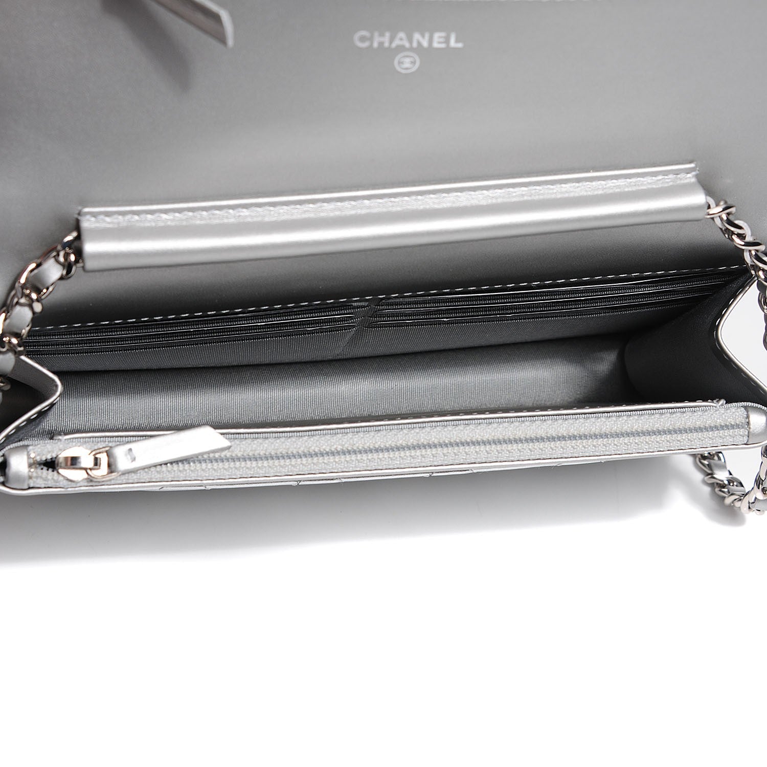 Chanel Metallic Patent Calfskin Quilted Boy Wallet on Chain WOC Silver 5 of 8