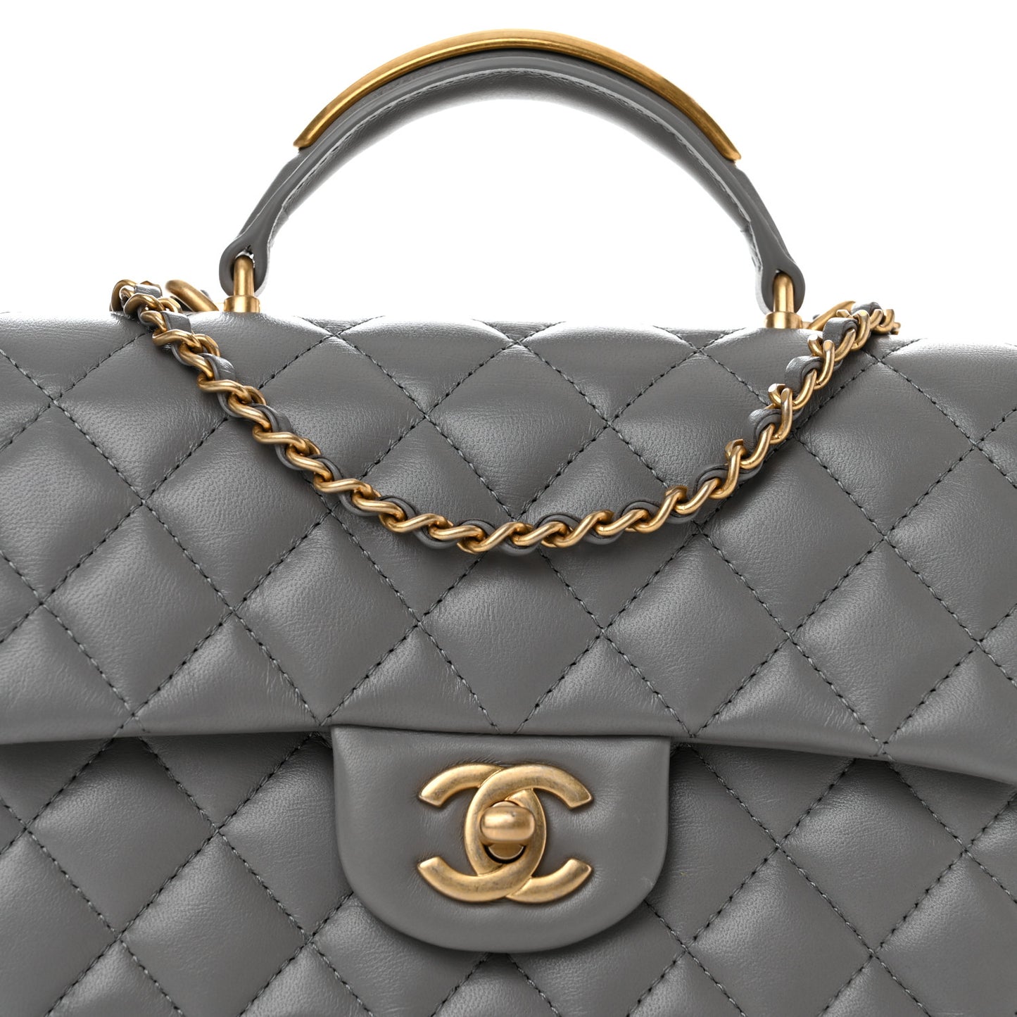 Lambskin Metal Quilted Mini Top Handle Rectangular Flap Grey
