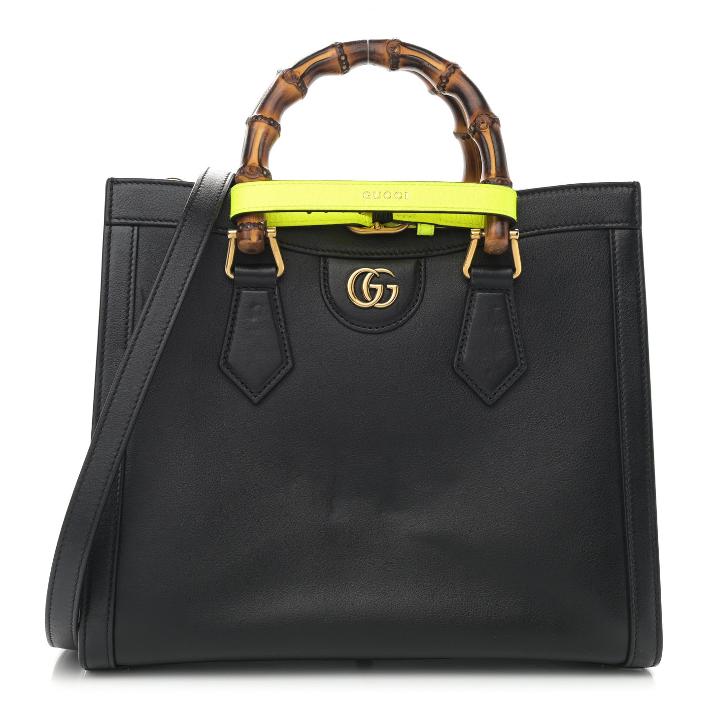 Calfskin Small Diana Tote Bag Black Yellow Fluo