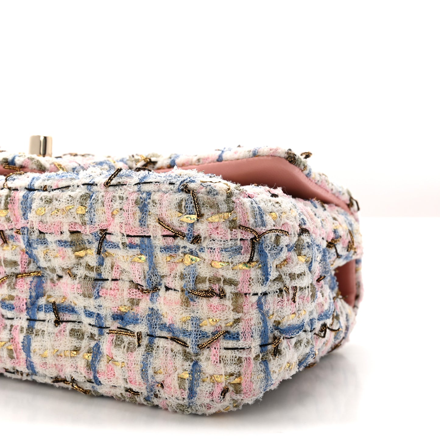 Tweed Quilted Mini Rectangular Flap Light Blue Pink Gold White