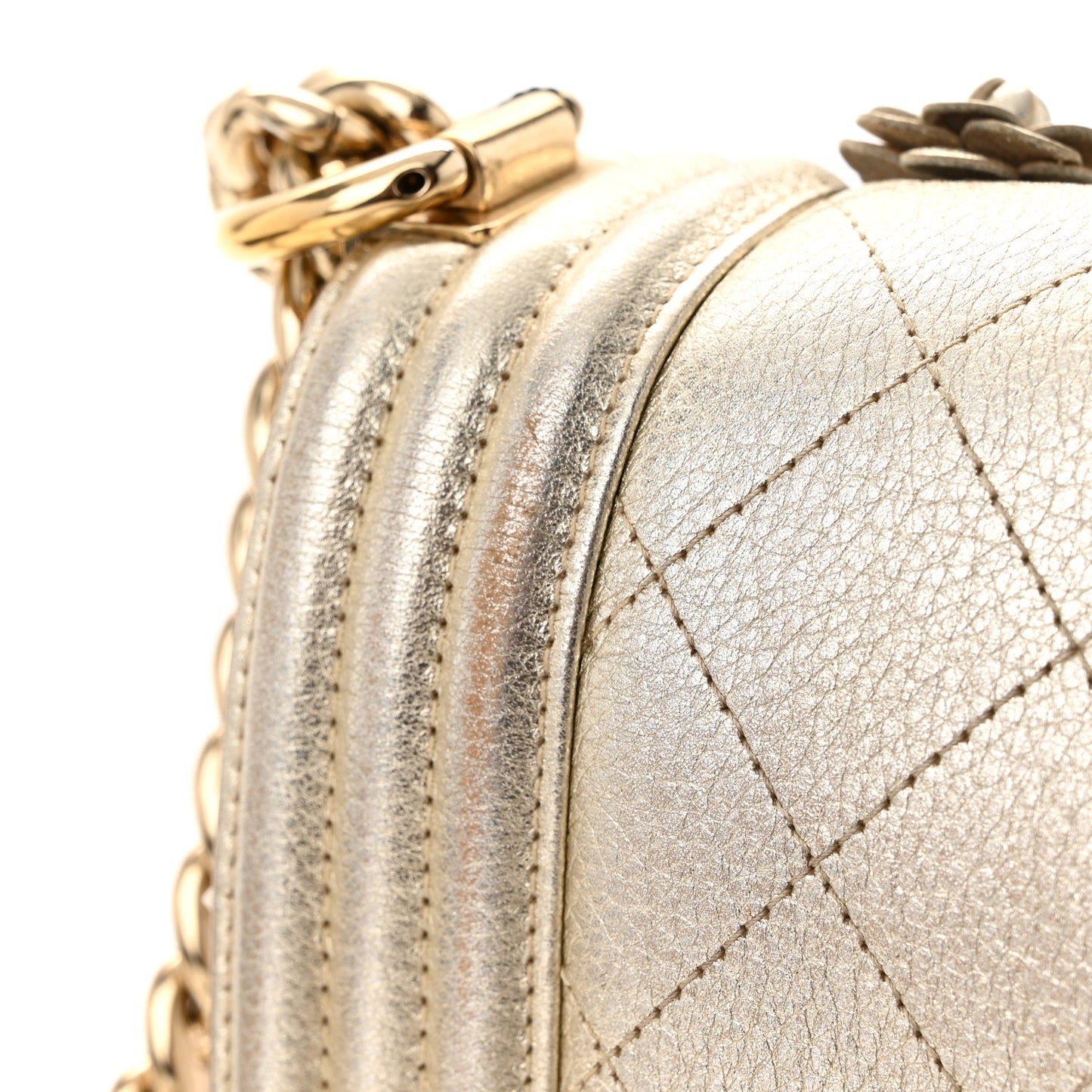 Metallic Calfskin Quilted Camellia Small Boy Flap Gold