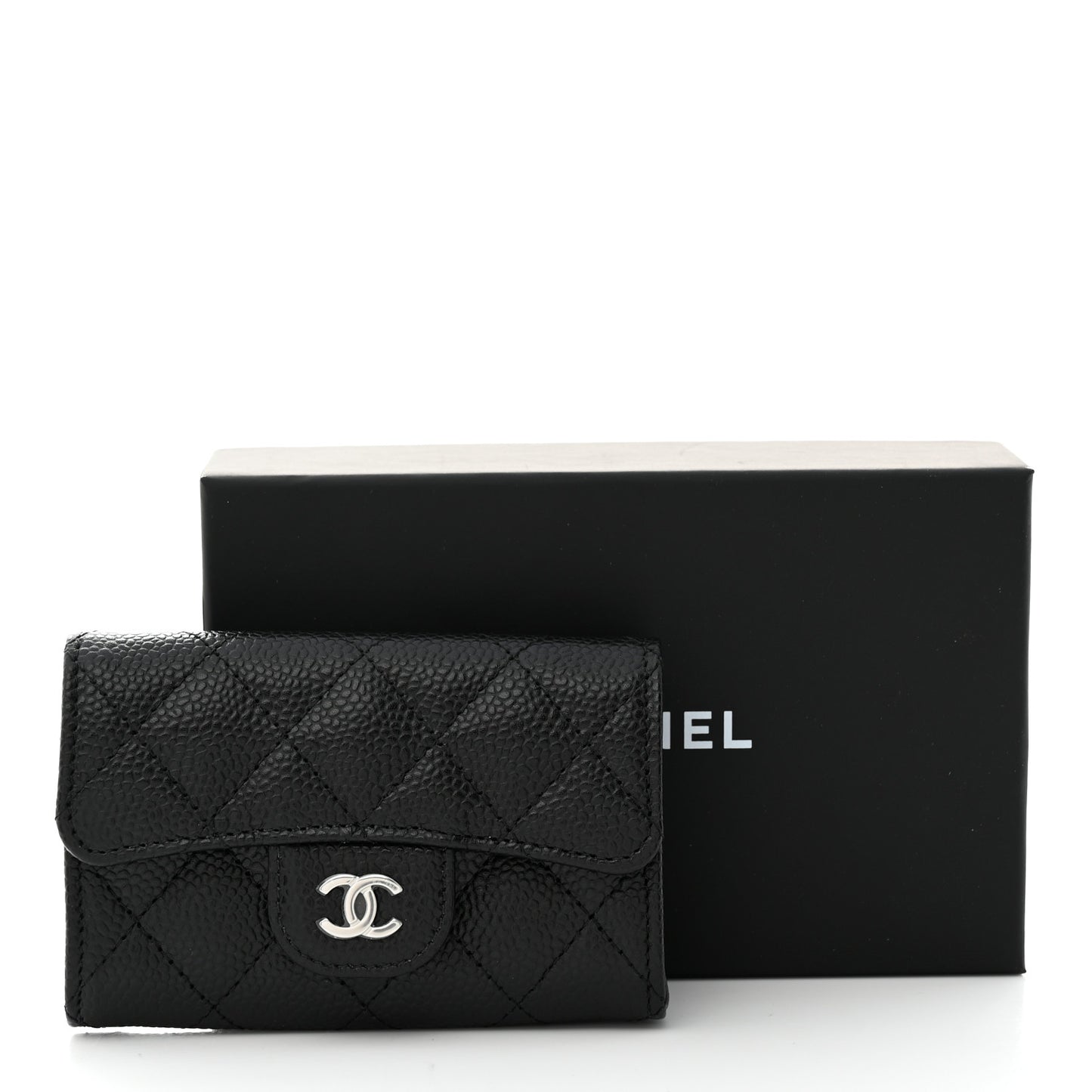 Caviar Quilted Flap Card Holder Wallet Black