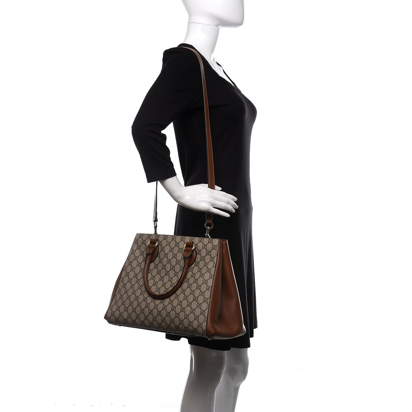 GG Supreme Monogram Moon Calfskin Top Handle Tote Bag Beige Ebony Tuscany
