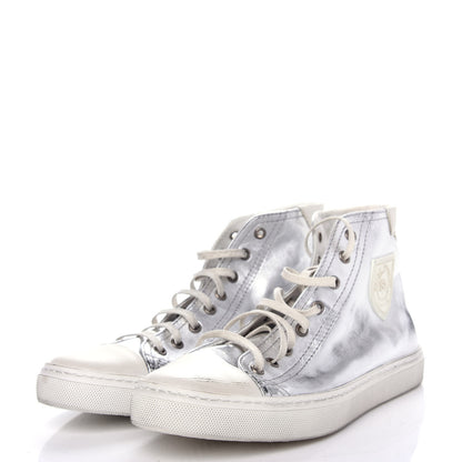 Saint Laurent Distressed Calfskin Bedford Logo-Appliqued Hightop Sneakers 40 Argento Cream White 3 of 11