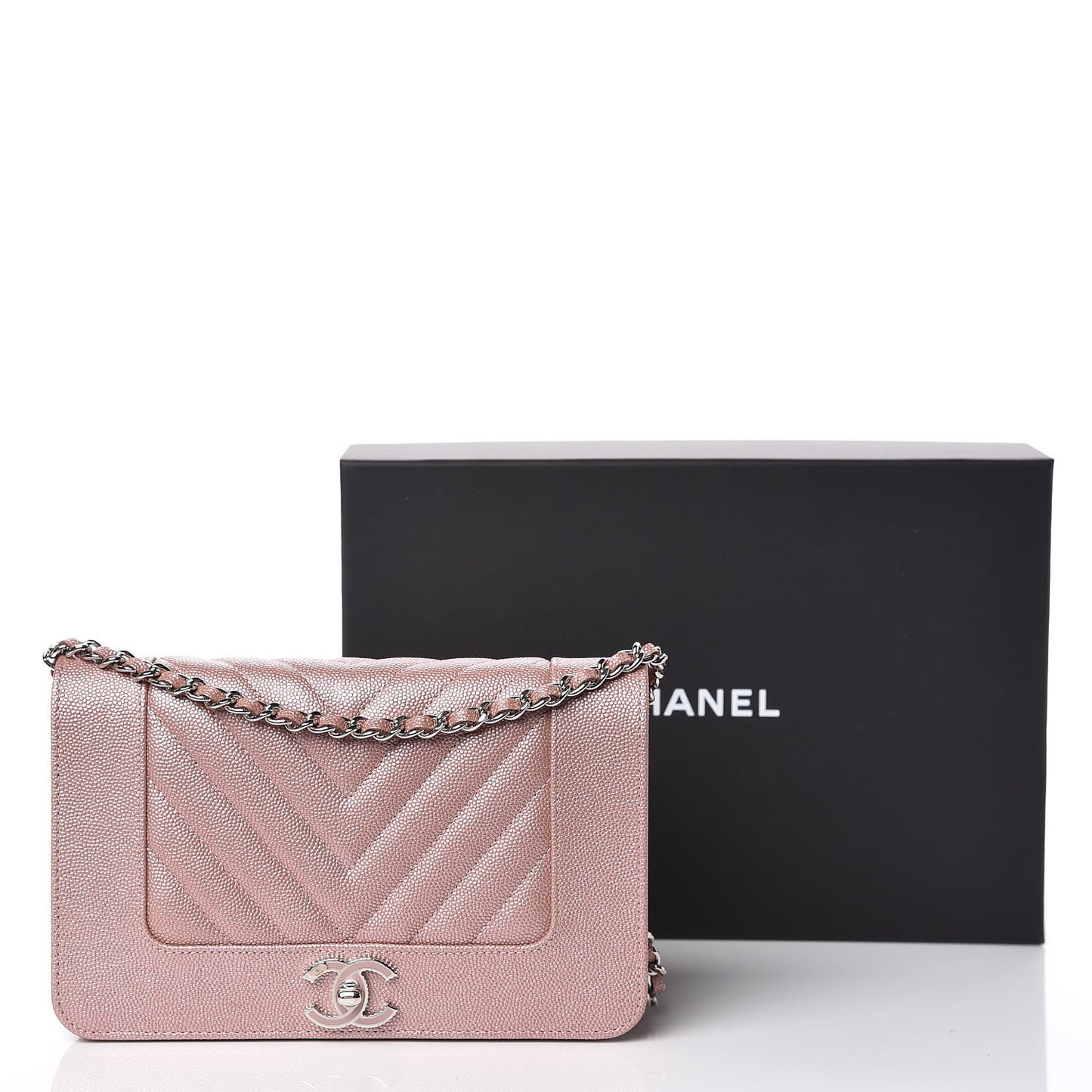 Metallic Caviar Chevron Quilted Vintage Mademoiselle Wallet On Chain WOC Pink
