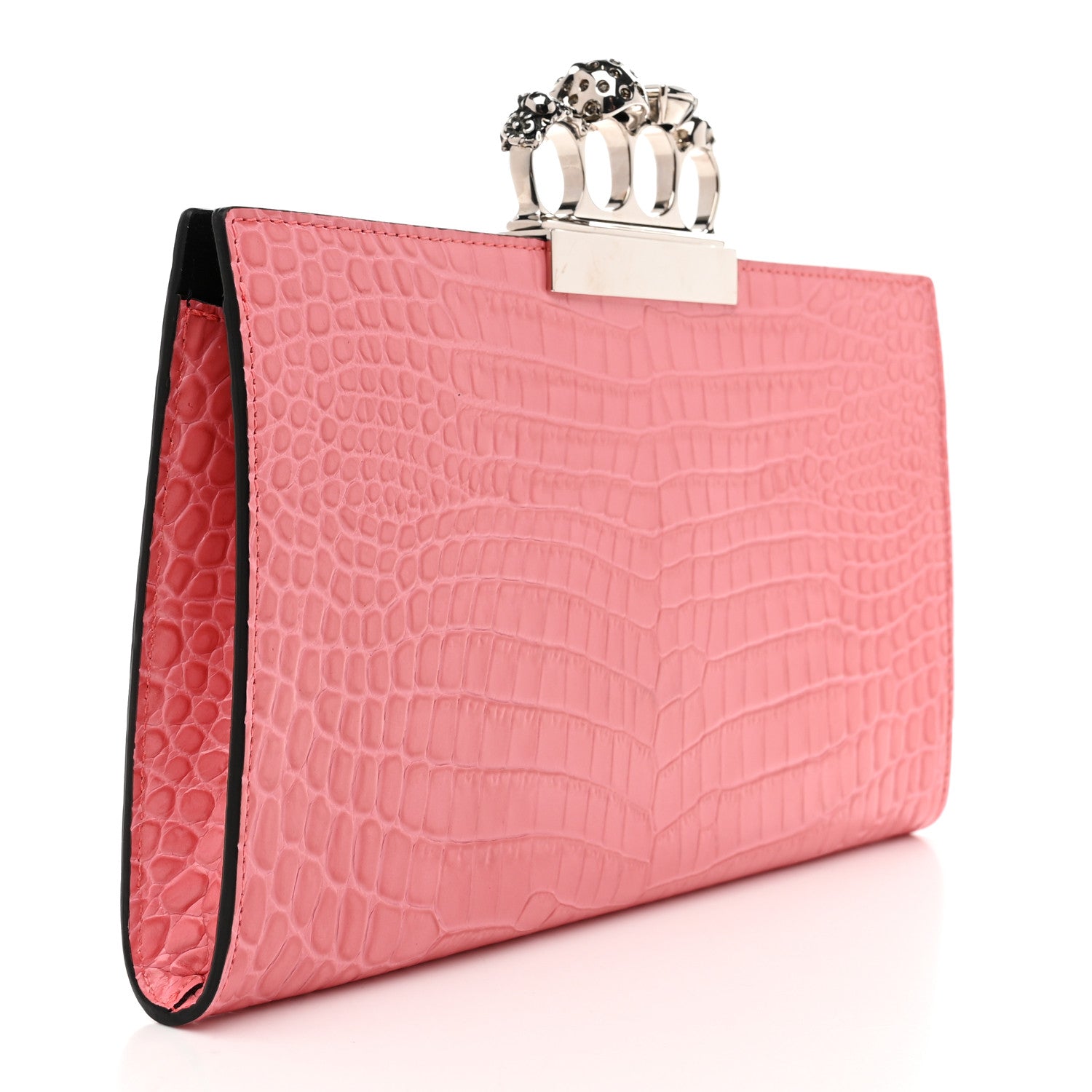 Alexander McQueen Calfskin Crocodile Embossed Knuckle Flat Clutch Coral 3 of 7