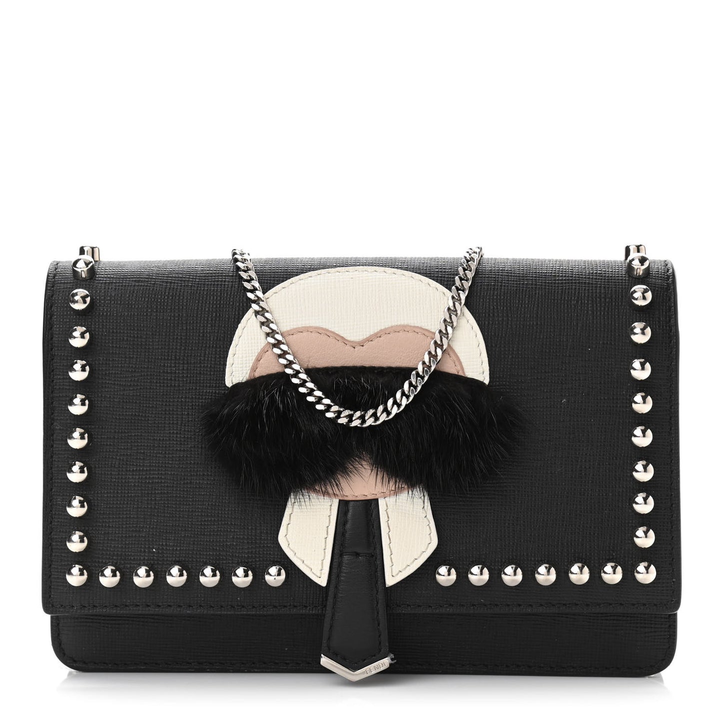 Vitello Elite Mink Fur Studded Karlito Tube Wallet on Chain Black