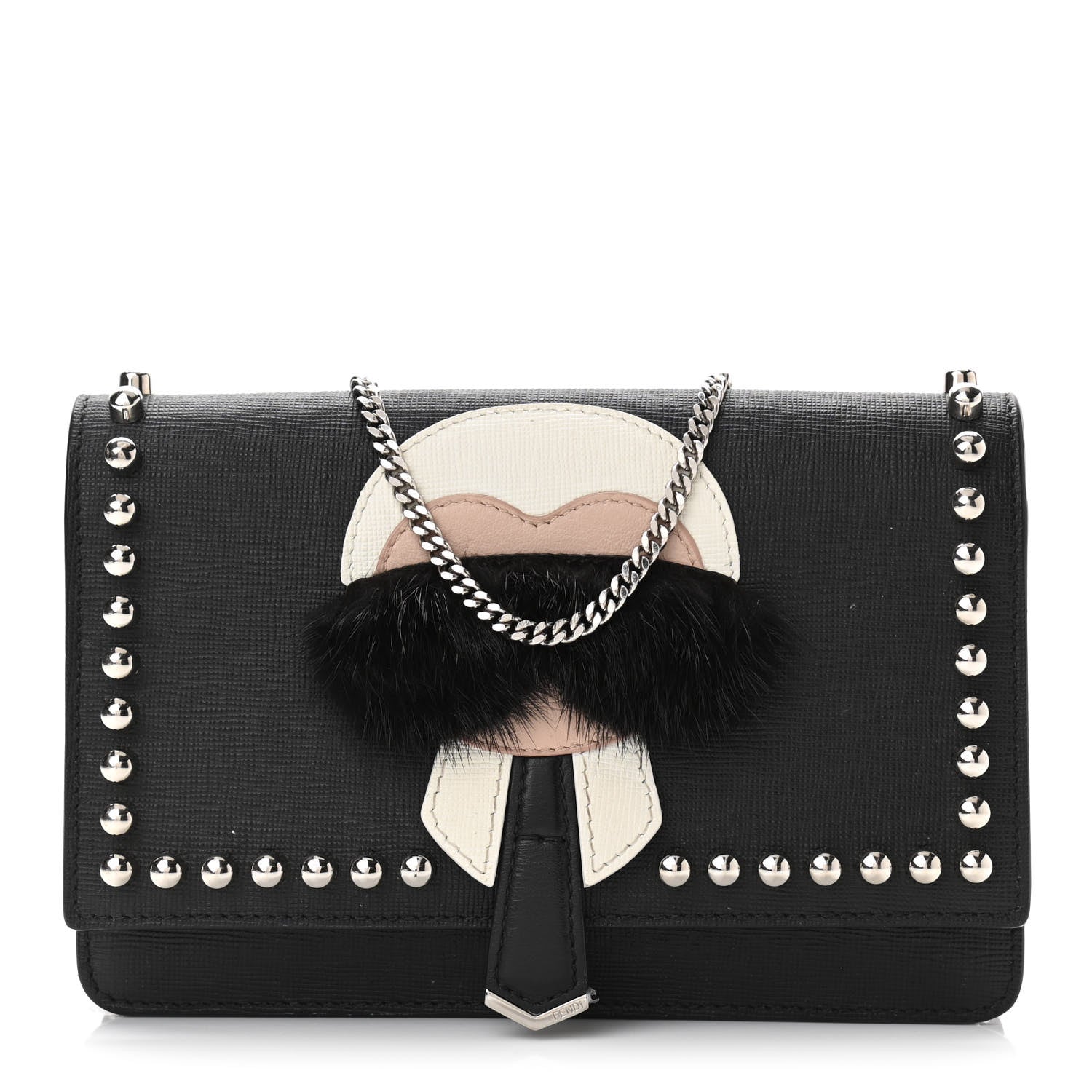 Fendi Vitello Elite Mink Fur Studded Karlito Tube Wallet on Chain Black 1 of 10