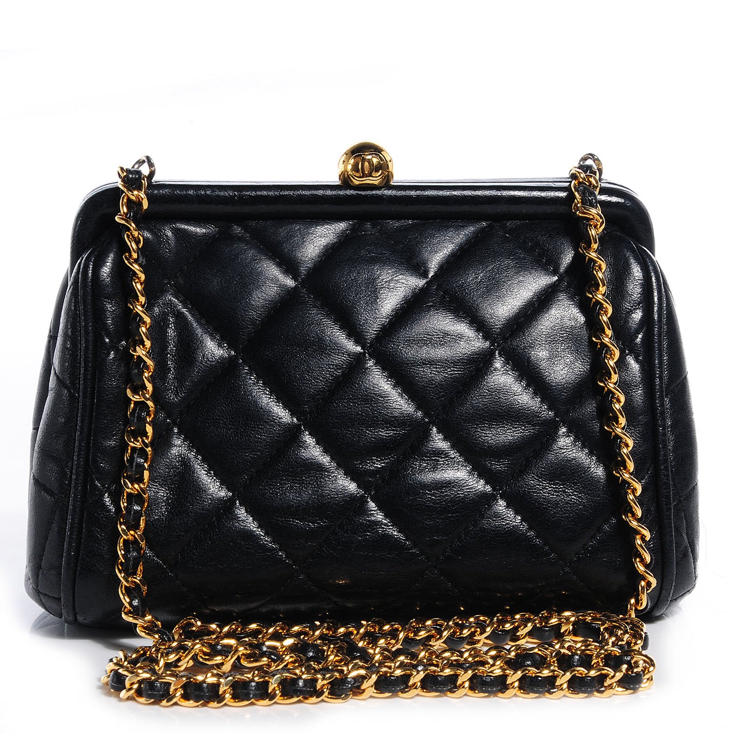 Lambskin Quilted Framed Evening Bag Black