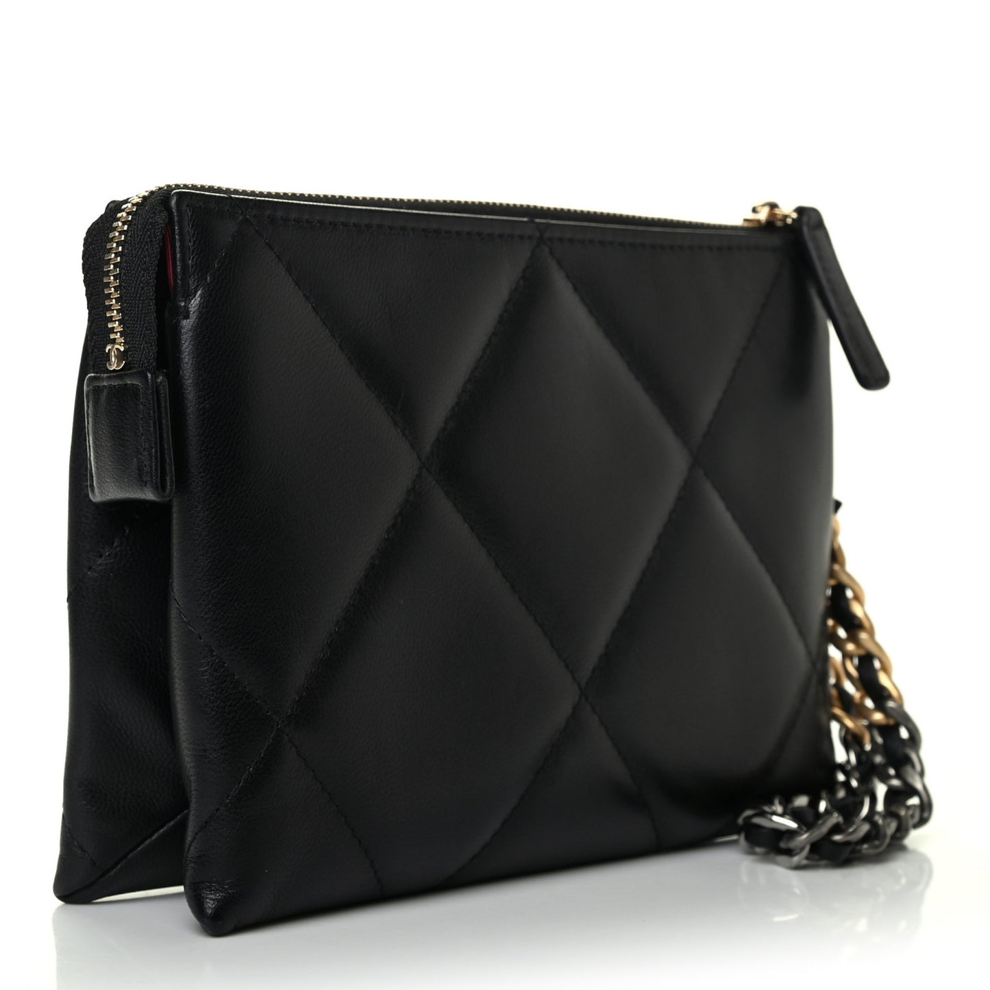 Shiny Goatskin Quilted Small Chanel 19 Pouch With Handle Black