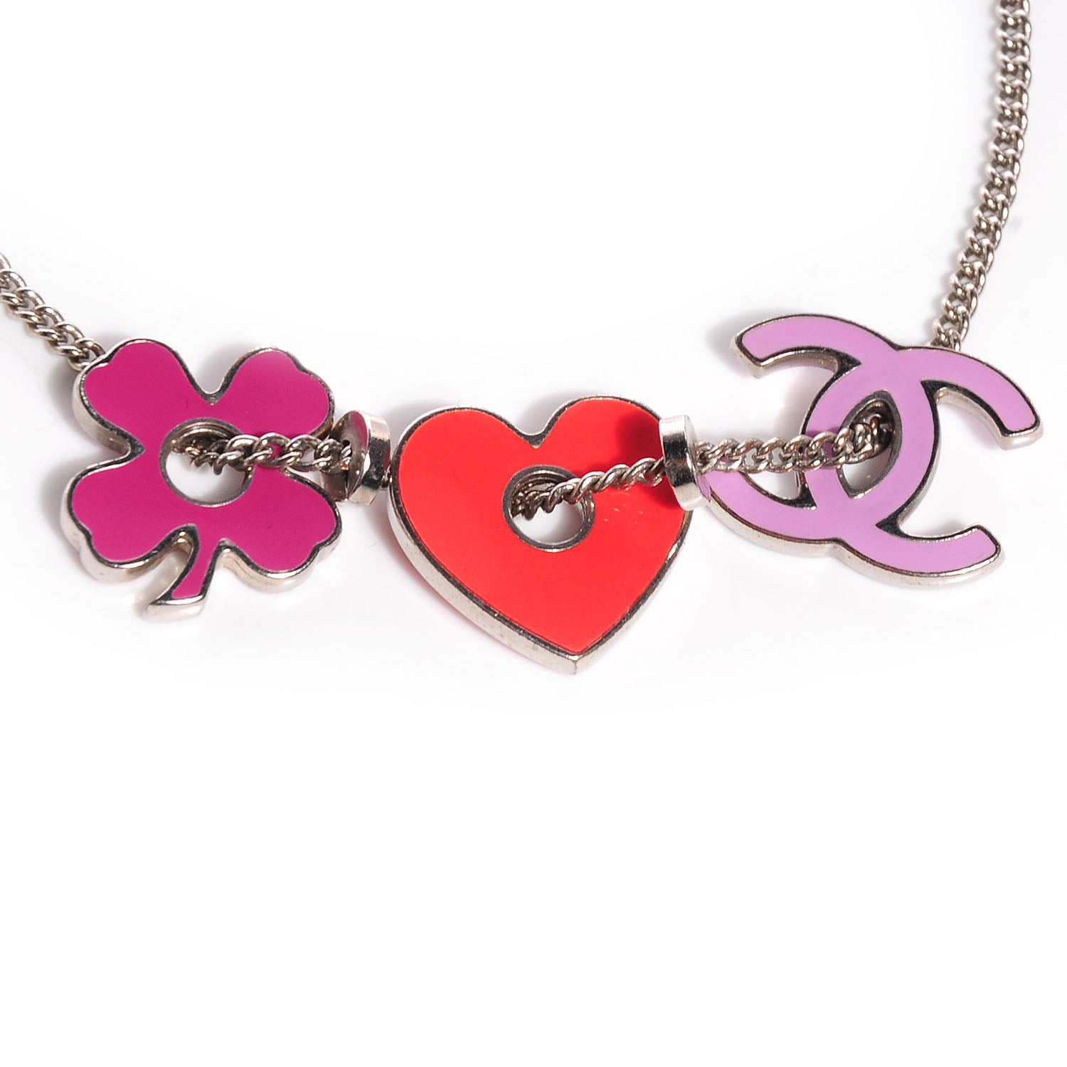 Chanel Enamel Heart CC Clover Charm Bracelet Silver 4 of 18