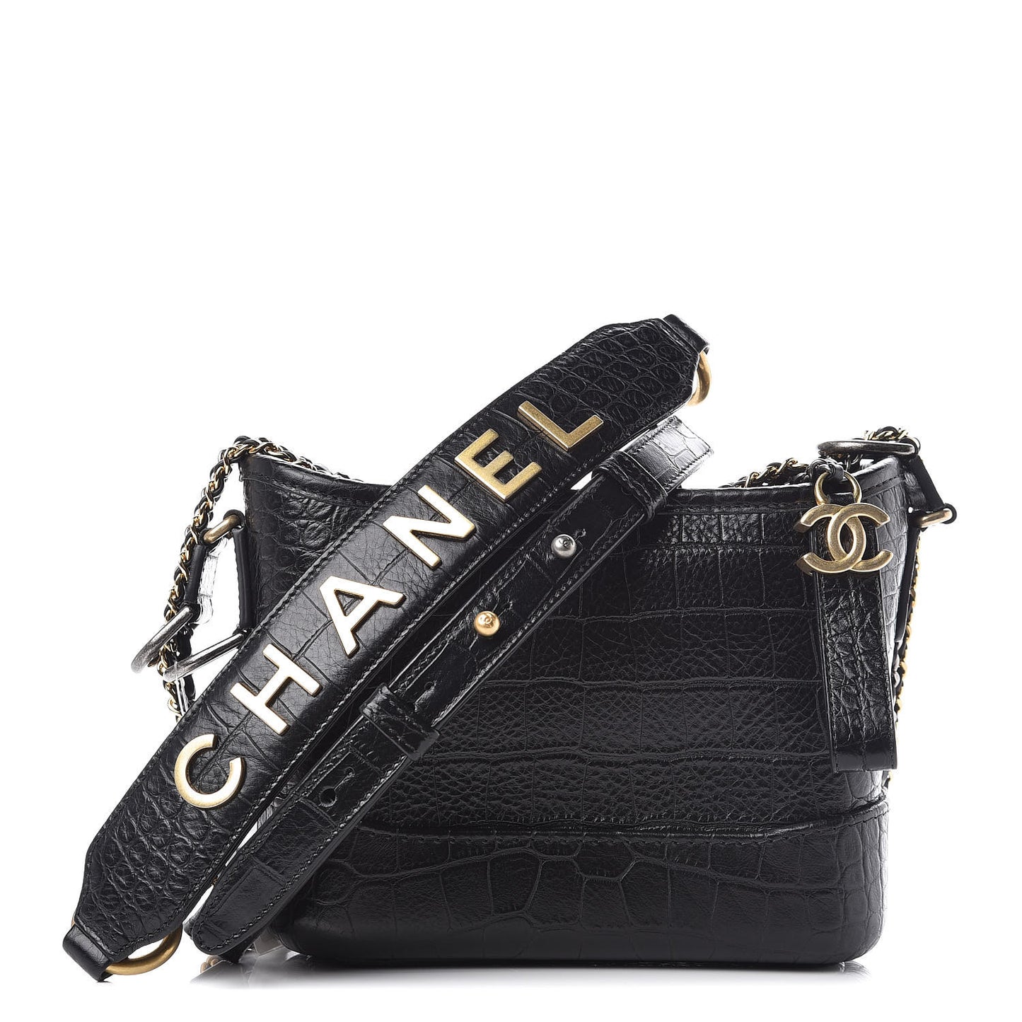 Calfskin Crocodile Embossed Small Gabrielle Cocodile Hobo Black