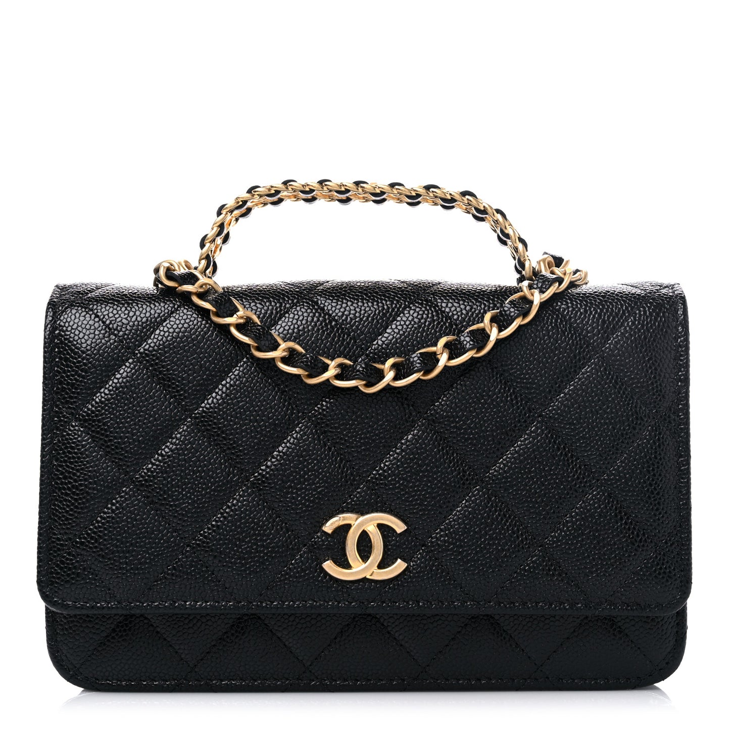 Shiny Caviar Quilted Pick Me Up Wallet On Chain WOC Black