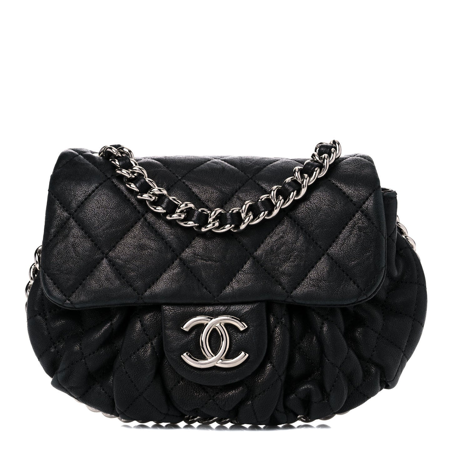 Washed Lambskin Quilted Medium Chain Around Messenger Black