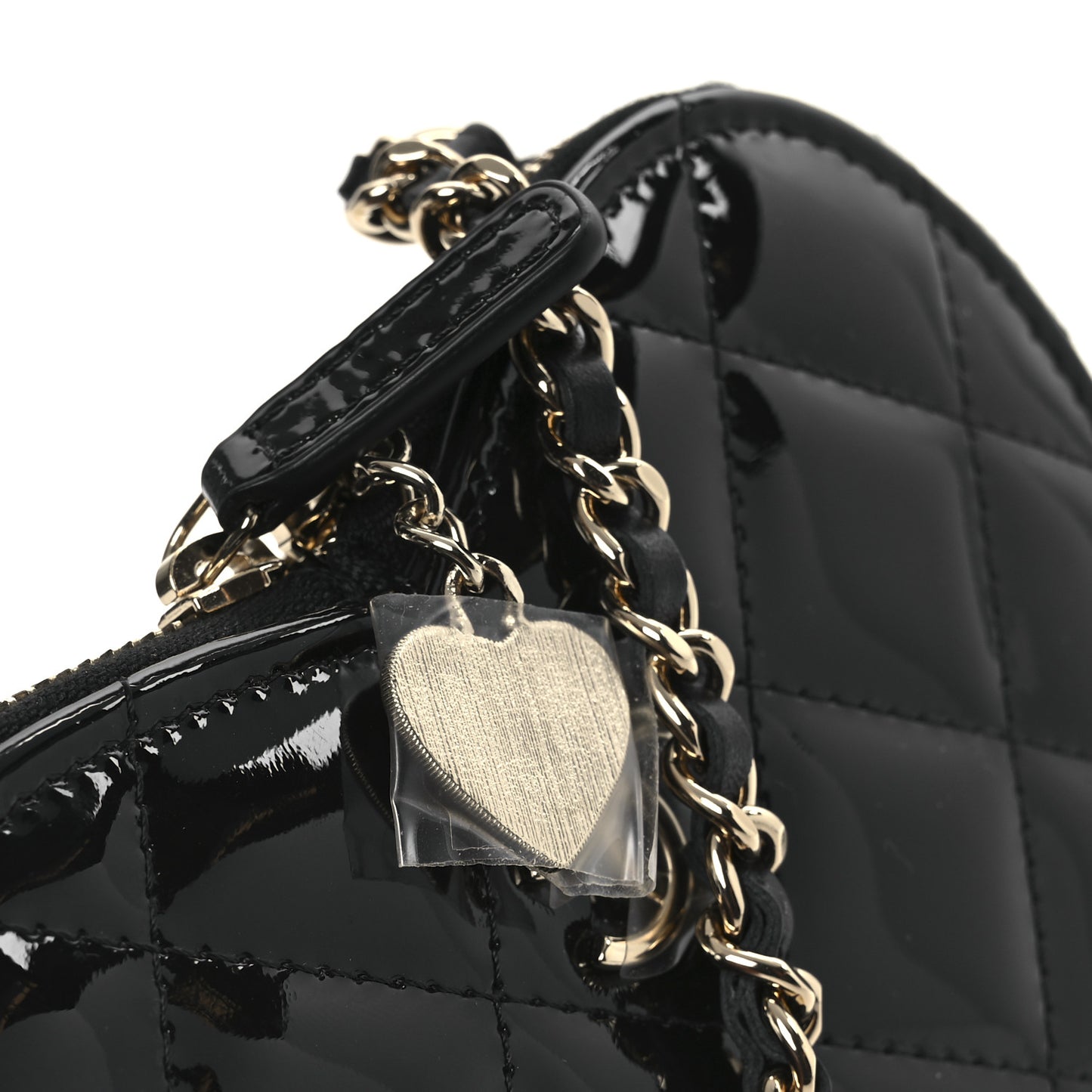 Patent Calfskin Resin Quilted CC Heart Clutch With Chain Black
