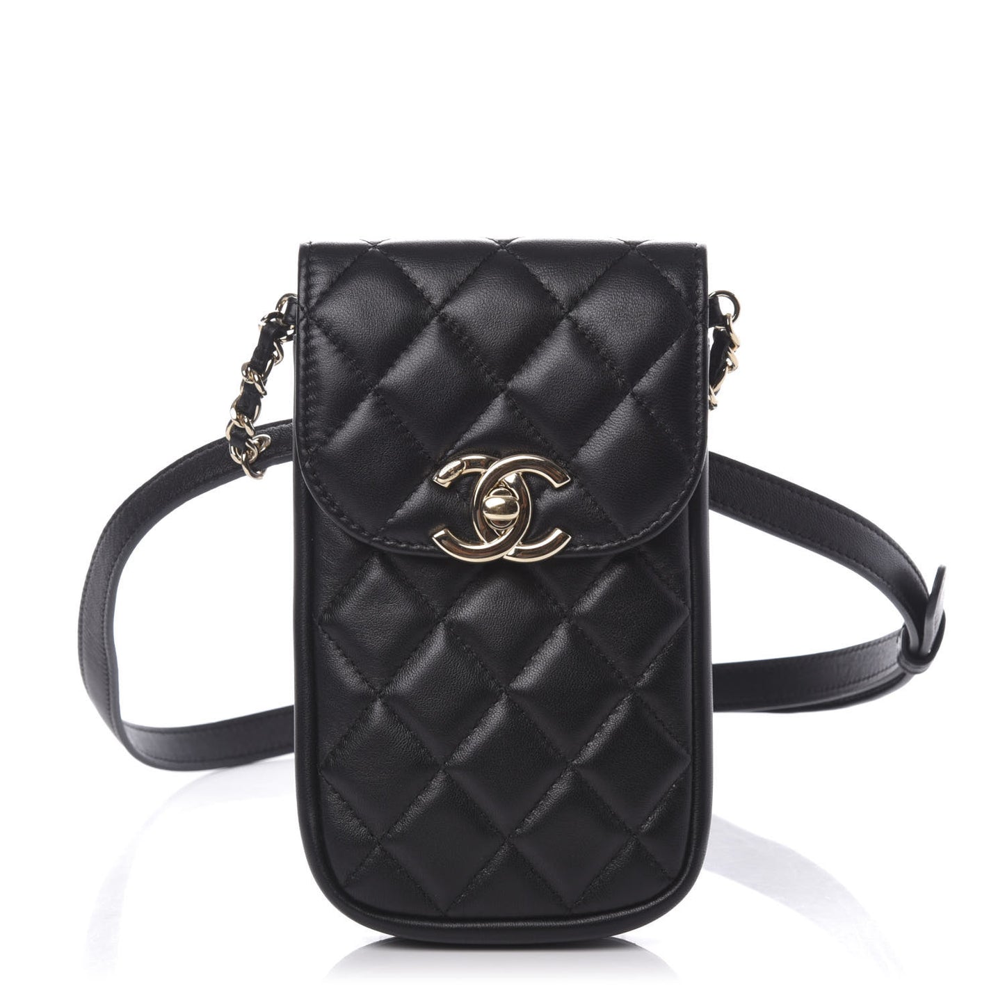 Lambskin Quilted Phone Chain Clutch Waist Bag Black