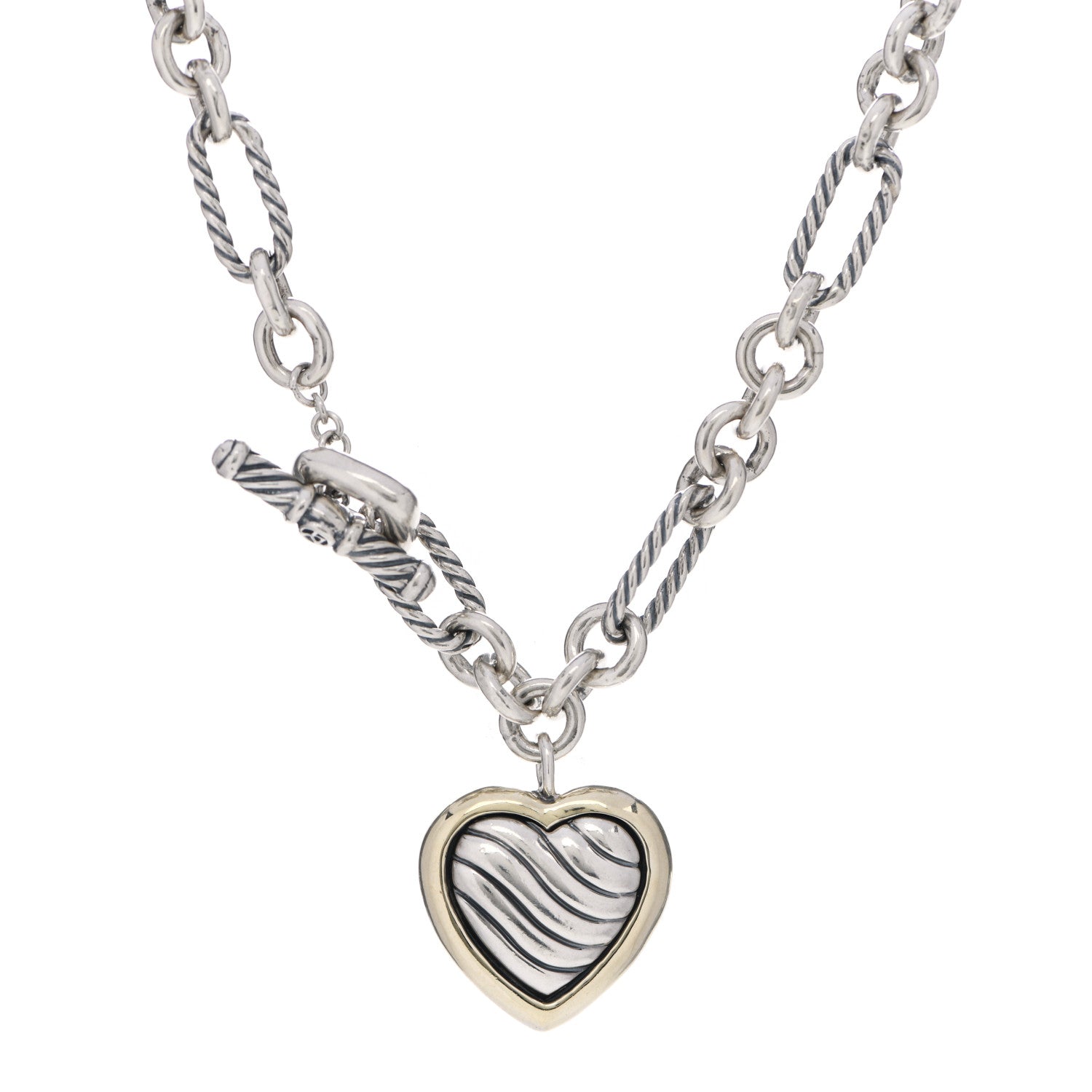 David Yurman Sterling Silver 18K Yellow Gold Cable Heart Figaro Necklace 1 of 4