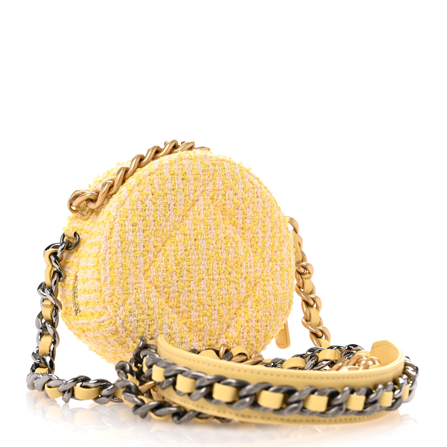 Chanel Wool Tweed Lambskin Quilted Chanel 19 Round Clutch With Chain Yellow Pink 3 of 10