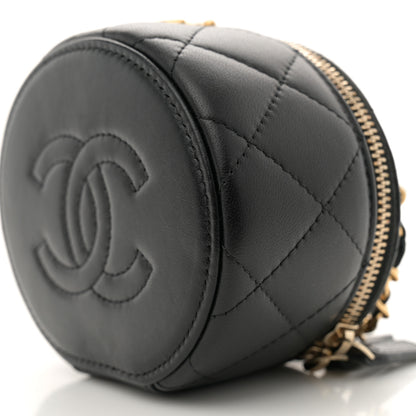 Chanel Lambskin Pearl Crystal Quilted Pearly Girl Top Handle Round Vanity Case With Chain Black 10 of 11
