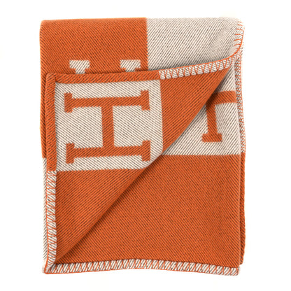 Hermes Wool Cashmere Signature Classic Avalon Blanket Ecru Potiron 2 of 3