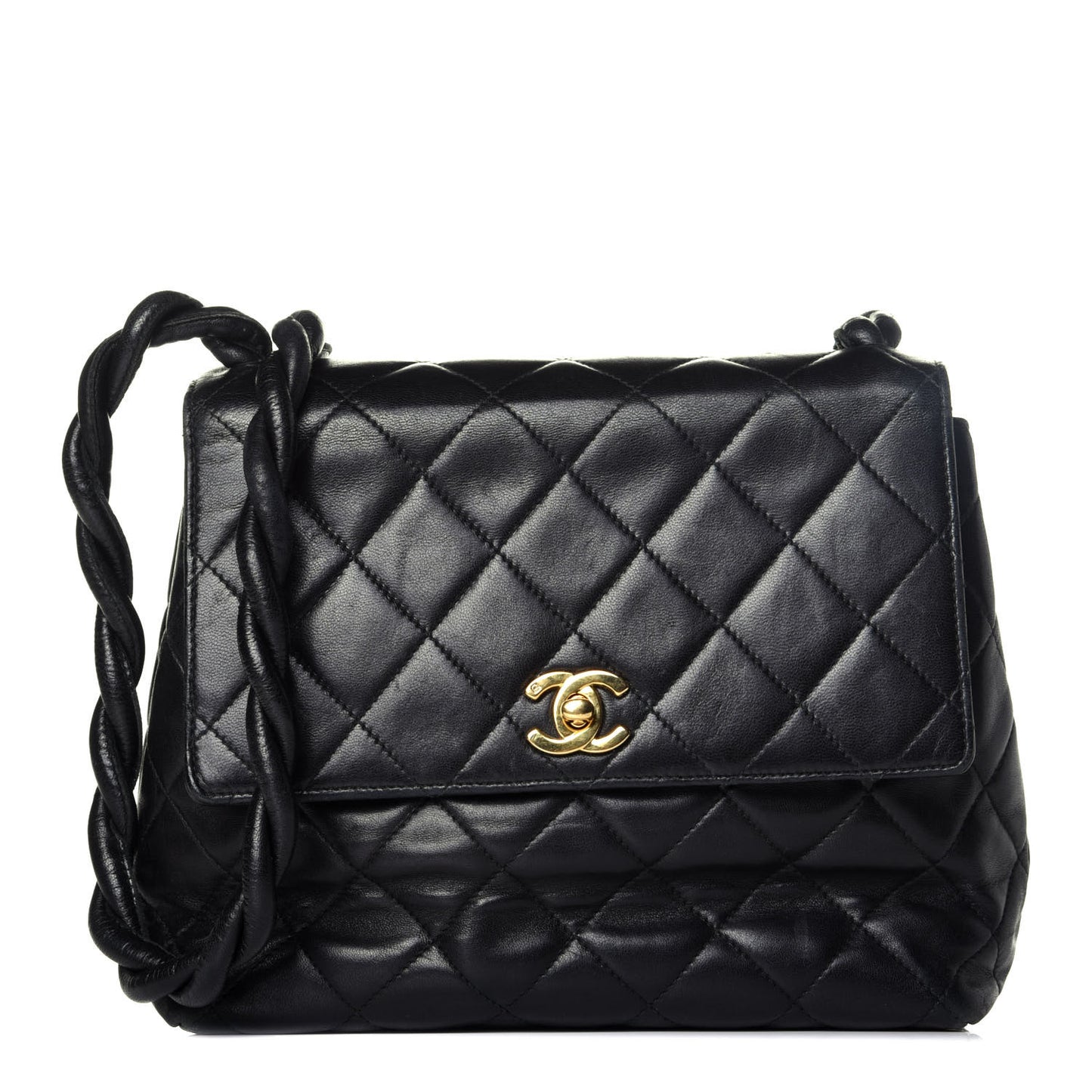 Lambskin Quilted Medium Braided Single Flap Black