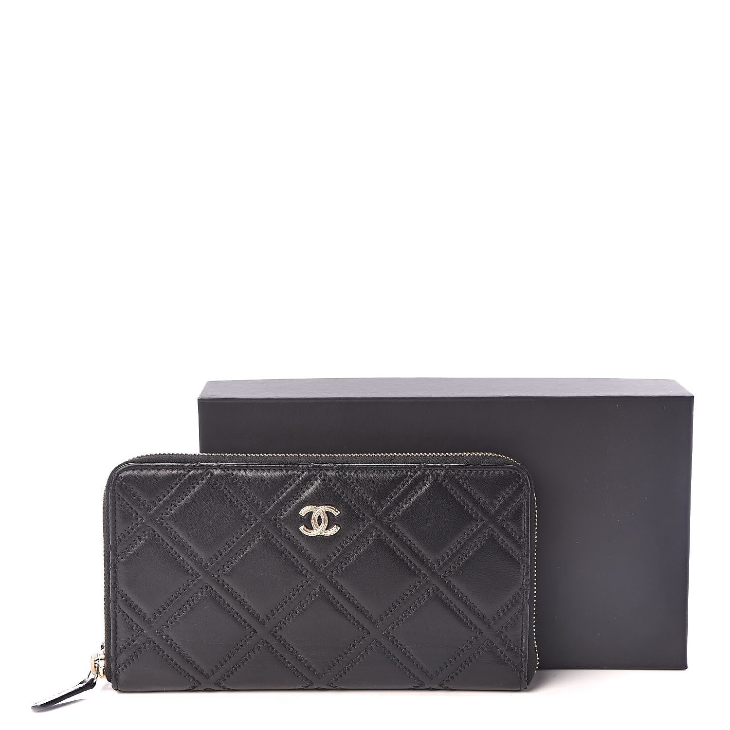 Chanel Lambskin Diamond Stitched Large Zip Around Organizer Wallet Black 9 of 9