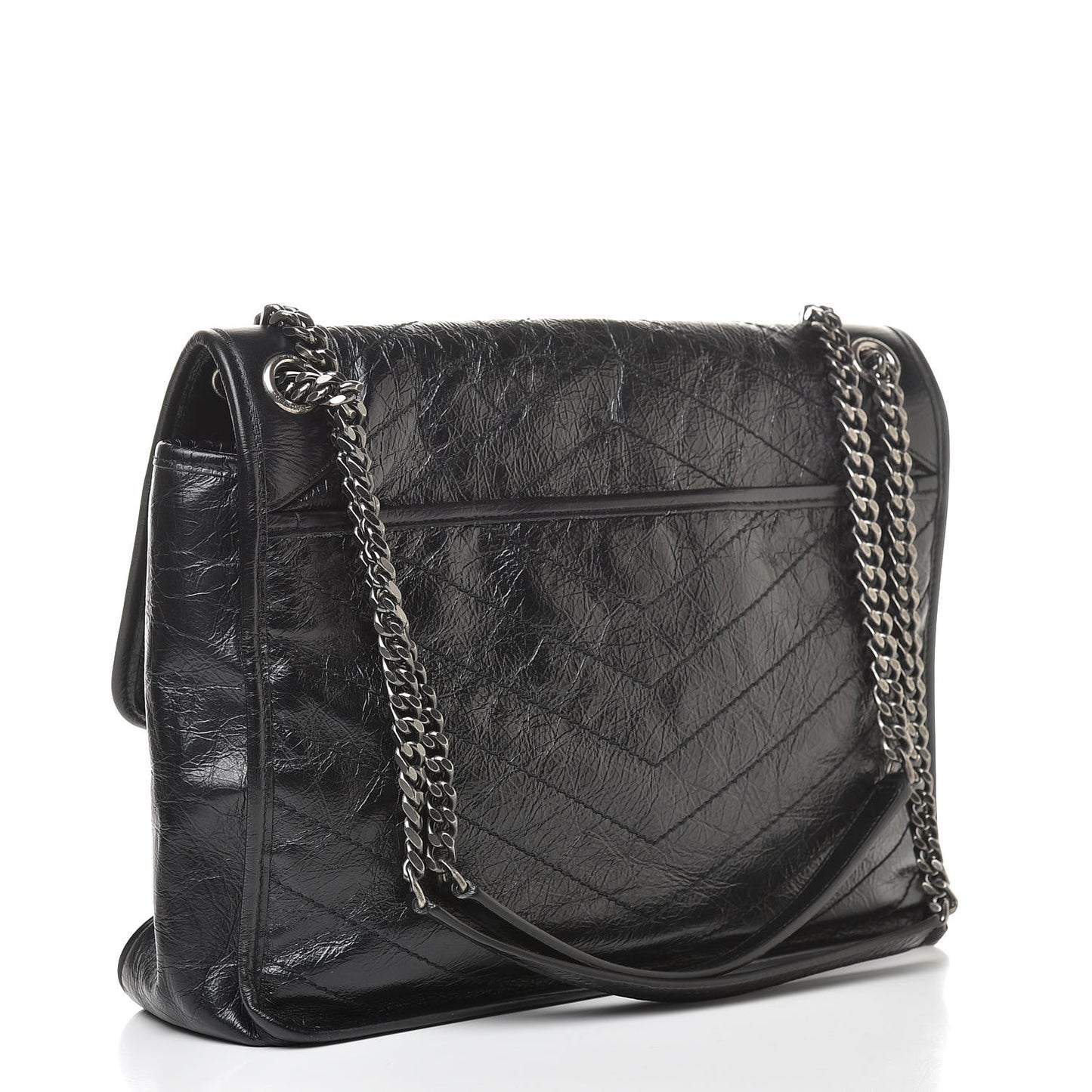 Crinkled Calfskin Matelasse Monogram Large Niki Chain Satchel Black