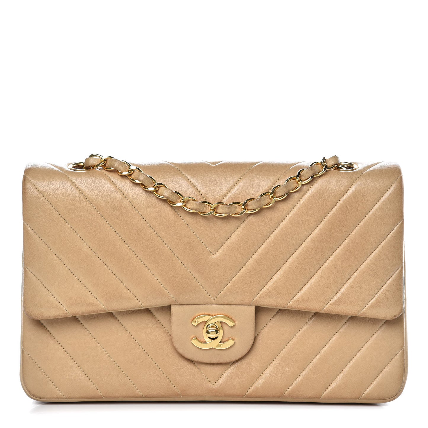 Lambskin Chevron Quilted Medium Double Flap Beige