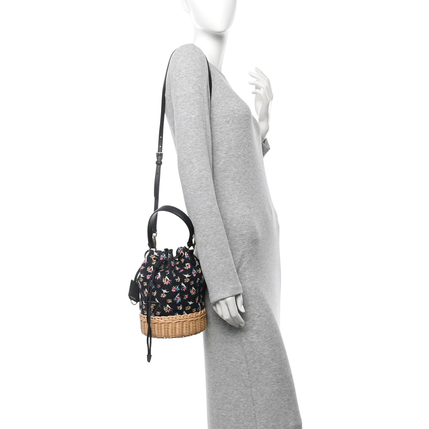 Prada Wicker Canvas Floral Print Bucket Bag Black Multicolor 2 of 12
