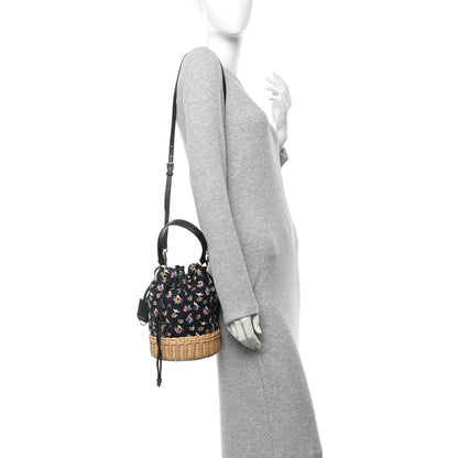 Prada Wicker Canvas Floral Print Bucket Bag Black Multicolor 2 of 12