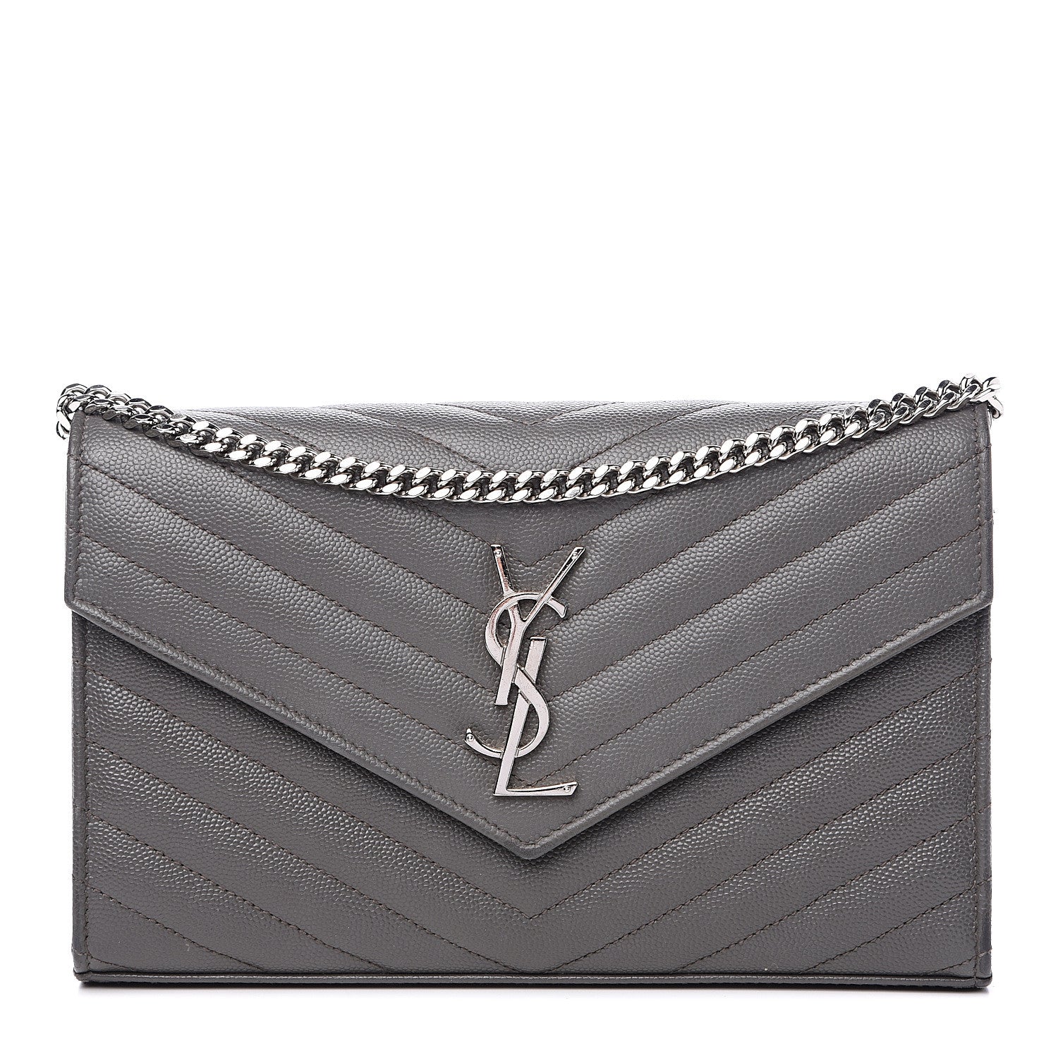 Saint Laurent Grain De Poudre Matelasse Chevron Monogram Chain Wallet Fog 1 of 12
