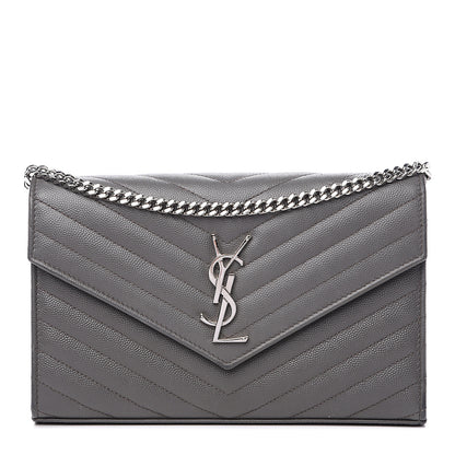 Saint Laurent Grain De Poudre Matelasse Chevron Monogram Chain Wallet Fog 1 of 12