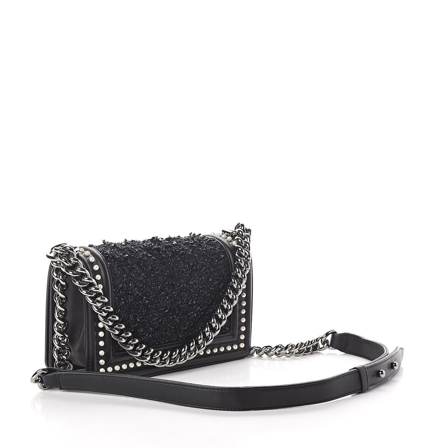 Calfskin Pearl Tweed Small Boy Flap Black
