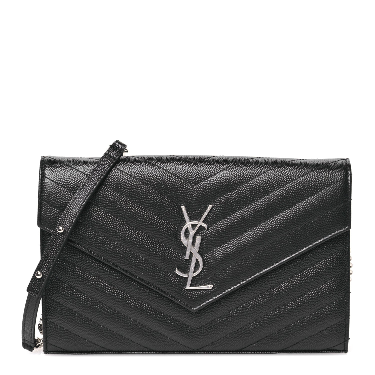 Saint Laurent Grain De Poudre Matelasse Chevron Monogram Chain Wallet Black 1 of 15