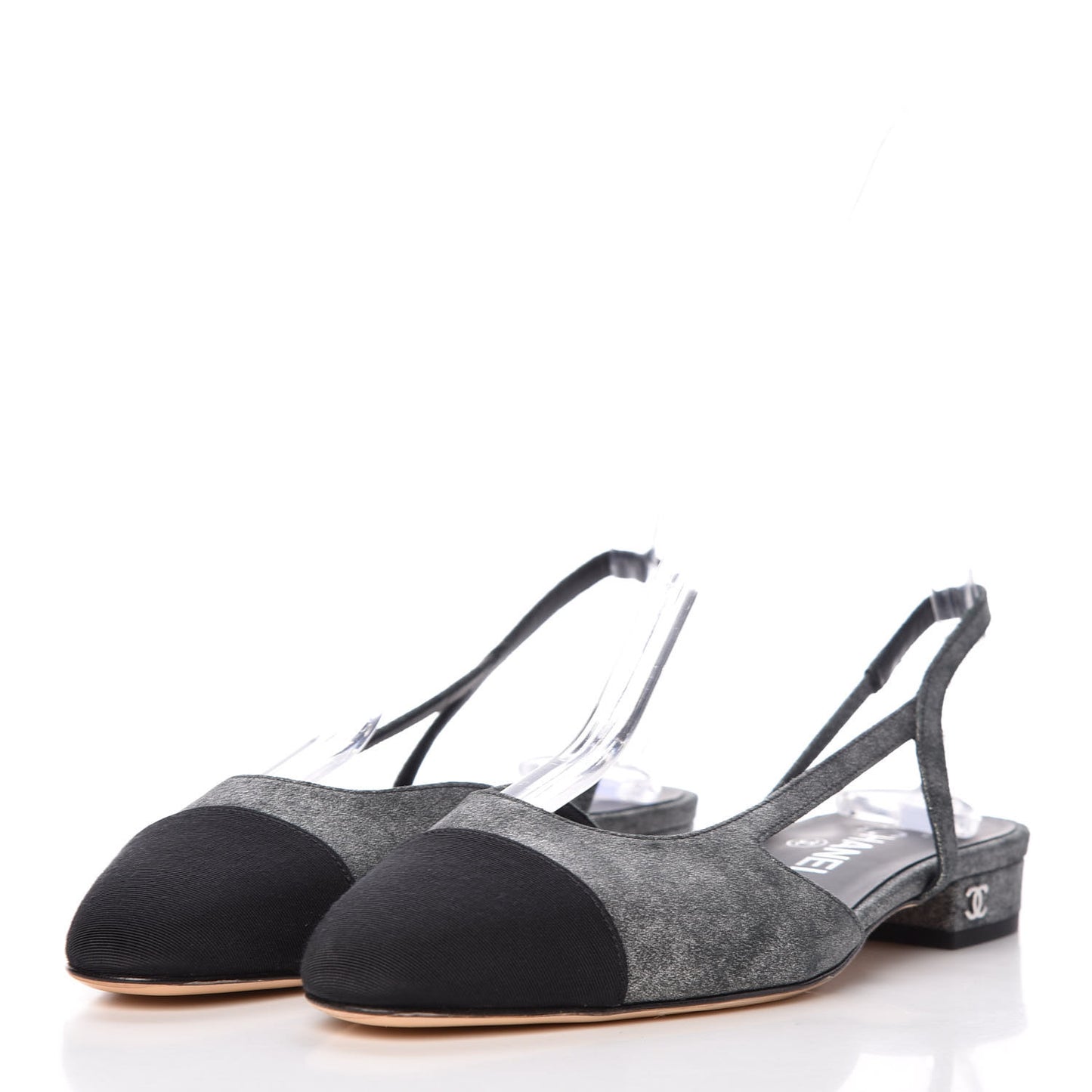 Metallic Lambskin Grosgrain Cap Toe CC Slingback Flats 37 Black Grey
