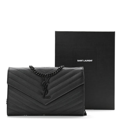 Saint Laurent Grain De Poudre Matelasse Chevron Monogram Chain Wallet Black 10 of 13