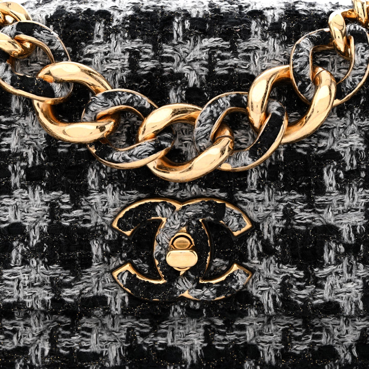 Wool Tweed Quilted Elegant Chain Flap Black Grey
