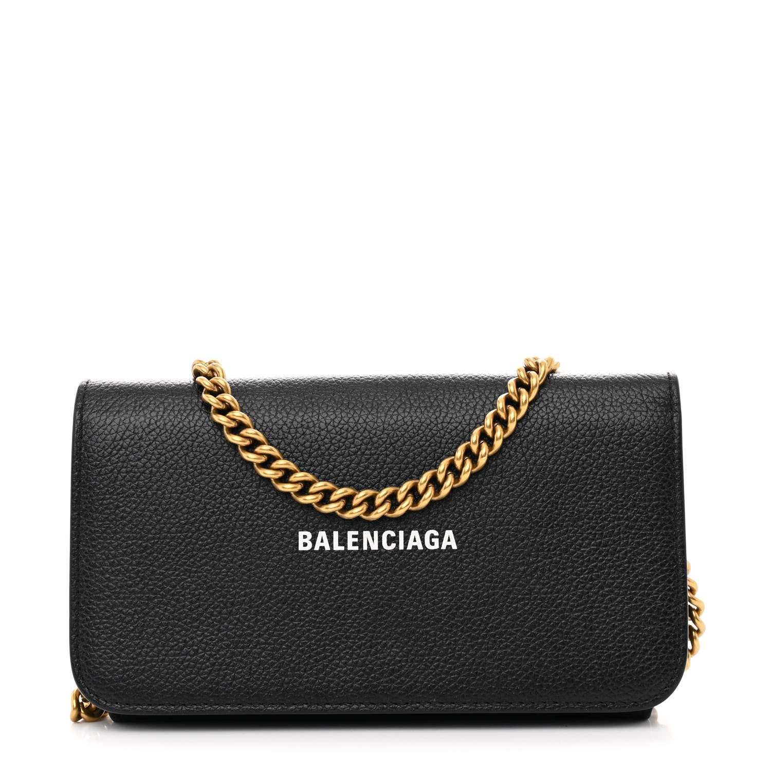 Balenciaga Grained Calfskin Logo Cash Phone Holder Wallet On Chain Black White 1 of 12
