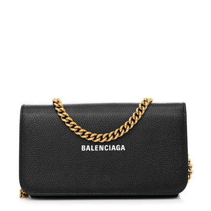 Balenciaga Grained Calfskin Logo Cash Phone Holder Wallet On Chain Black White 1 of 12