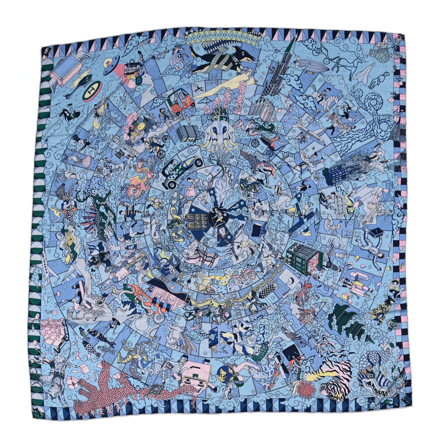 Hermes Cashmere Silk L'Epopee D'Hermes Shawl 140 Bleu Ciel Rose Pale Jaune 1 of 5