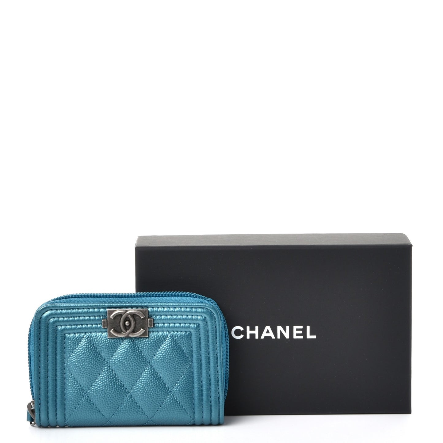 Metallic Caviar Quilted Boy Zip Around Coin Purse Wallet Turquoise