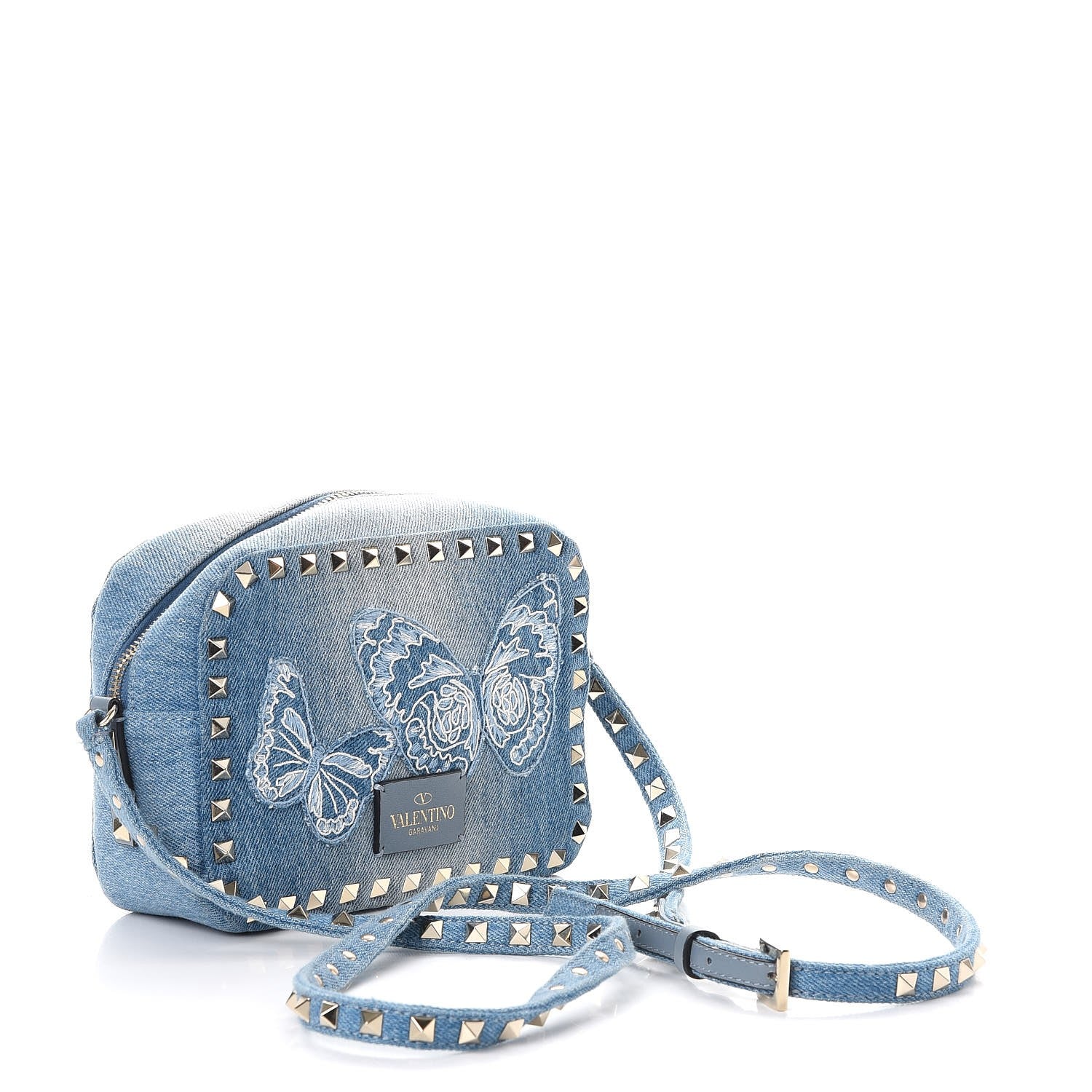 Valentino Garavani Washed Denim Butterfly Embroidered Rockstud Camera Crossbody Bag Light Denim 3 of 9