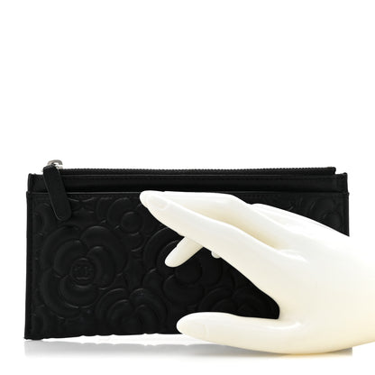 Chanel Lambskin Camellia Embossed Classic Zip Pouch Black 2 of 10