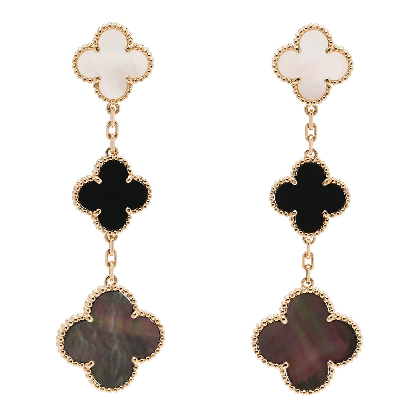 18K Yellow Gold Mother of Pearl Black Onyx 3 Motifs Magic Alhambra Earrings