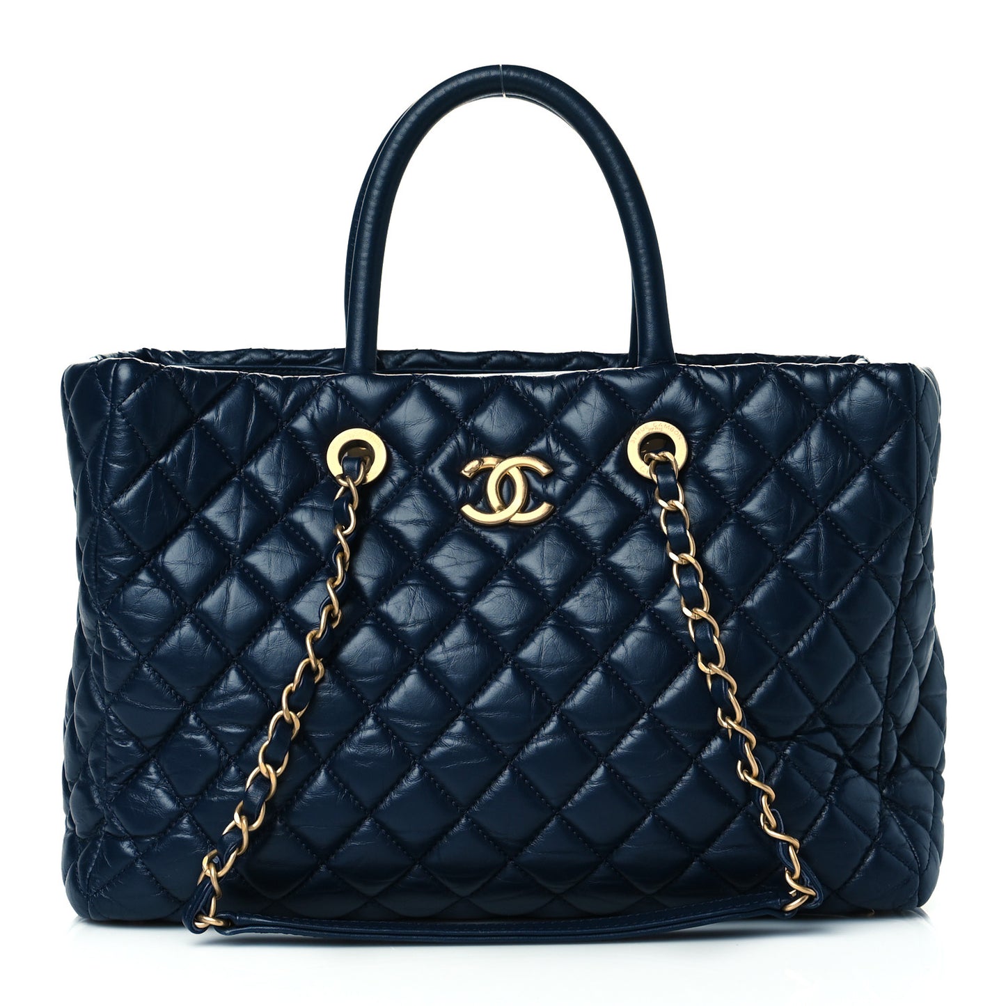 Aged Calfskin Quilted Large Coco Handle Shopping Tote Navy