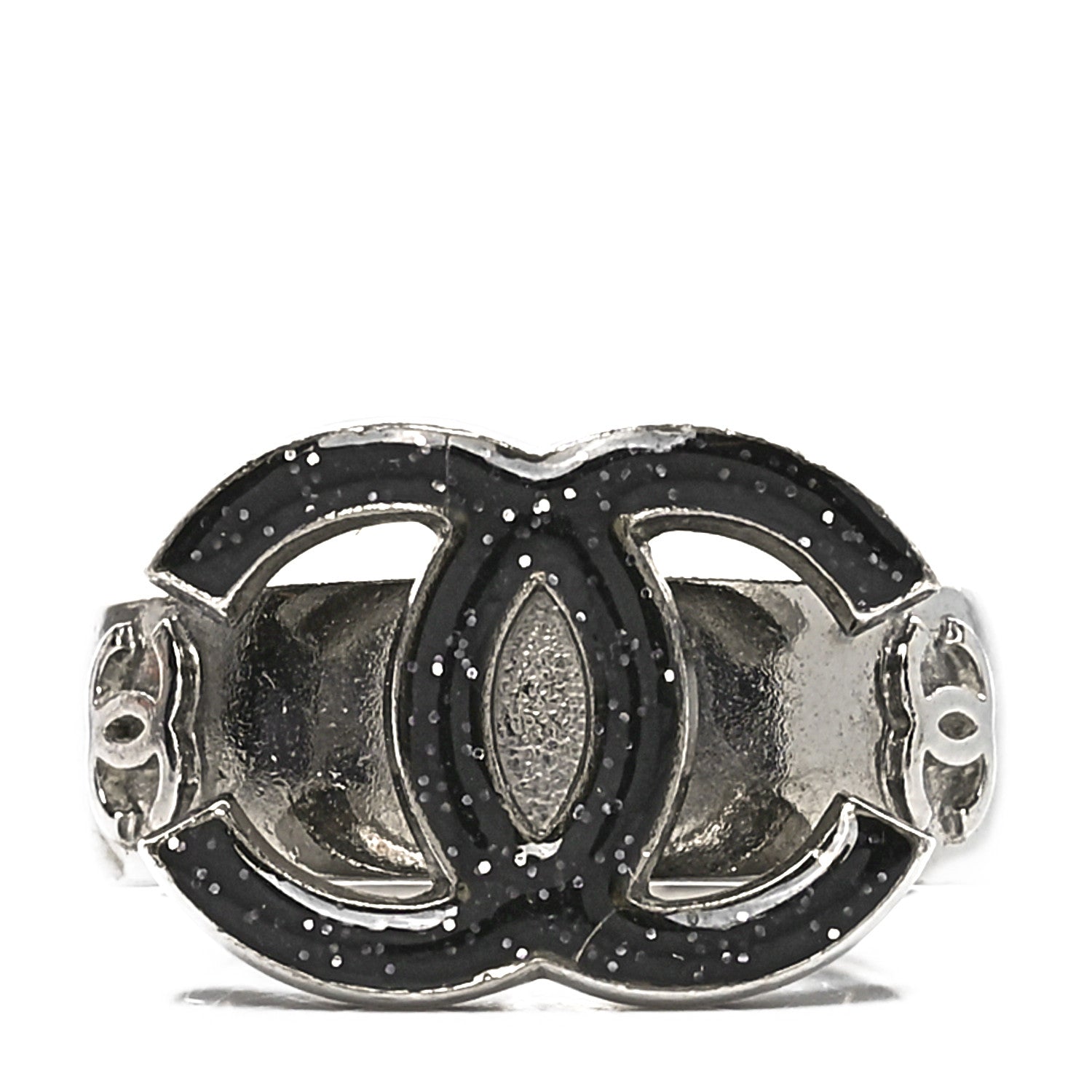 Chanel Glitter Enamel CC Ring 52 6 Black Silver 1 of 4
