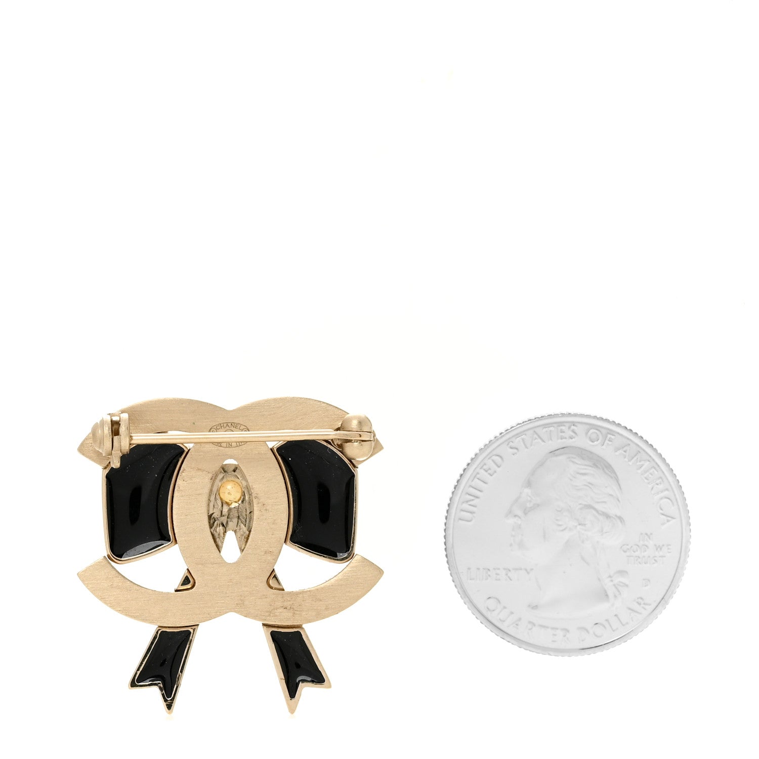 Chanel Metal Enamel Pearl CC Bow Brooch Black Gold 2 of 4