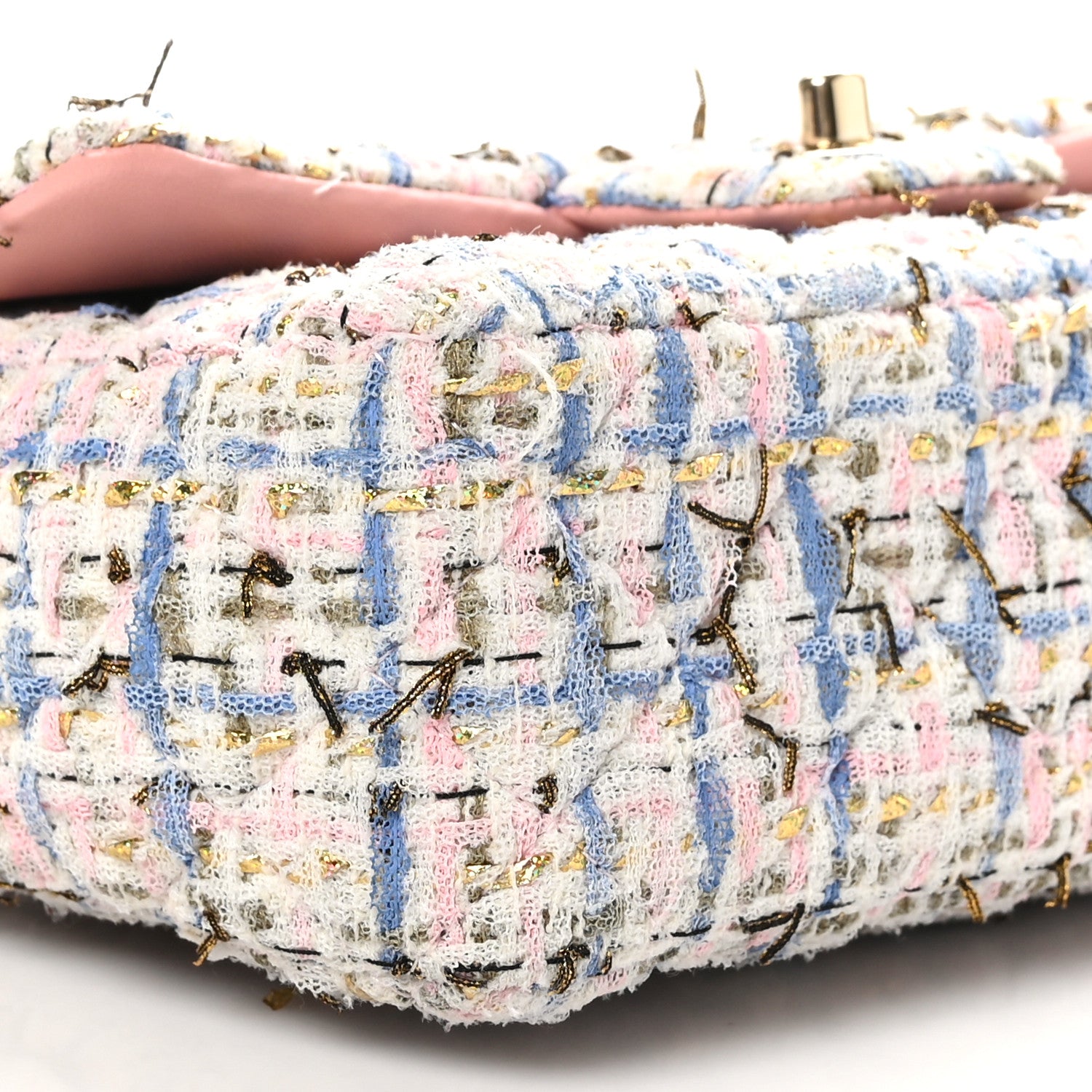 Chanel Tweed Quilted Mini Rectangular Flap Light Blue Pink Gold White 10 of 11