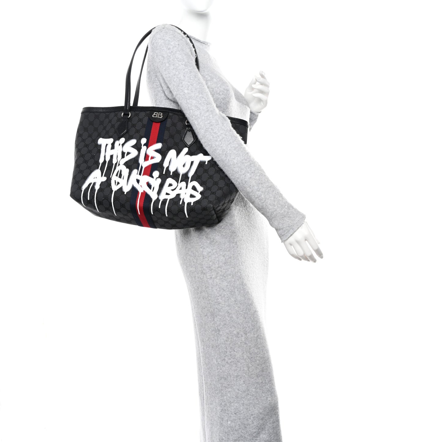 X BALENCIAGA BB Monogram Web Graffiti Medium Ophidia Shopping Tote Black