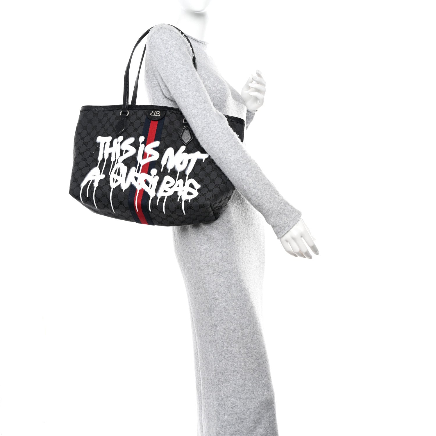 Gucci X BALENCIAGA BB Monogram Web Graffiti Medium Ophidia Shopping Tote Black 2 of 9